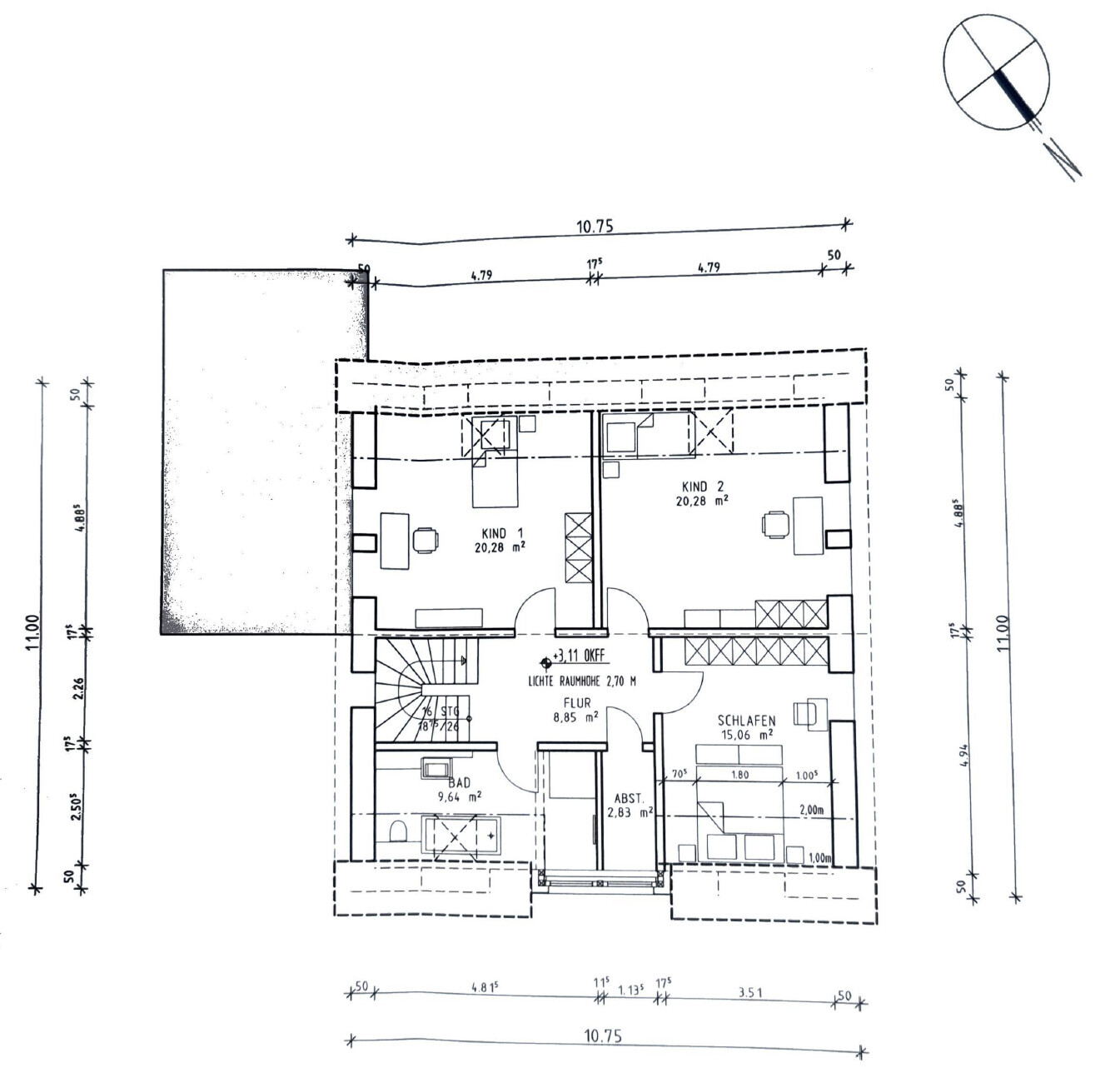 Grundriss eines Hauses mit Flur, Bad, Schlafzimmer und Kinderzimmern