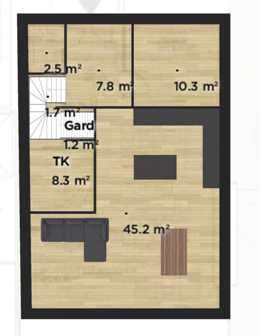 Grundriss: Offener Wohnbereich 45,2 m² mit Sofa & Esstisch; Räume 10,3; 7,8 m², Gard, Treppe.