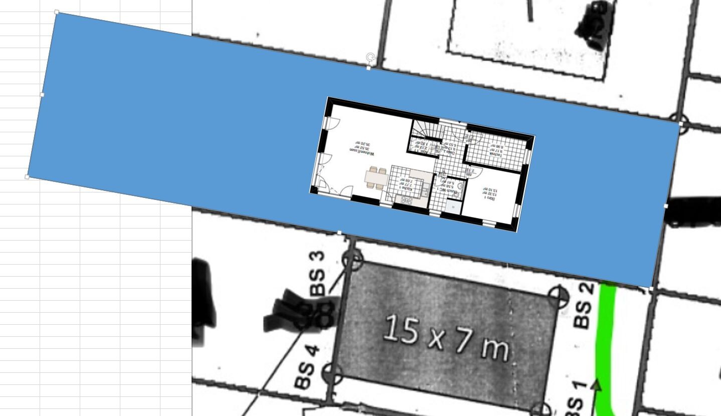 Blauer, schräg gelegener Rahmen zeigt einen kleinen Wohnungsgrundriss über einem Lageplan.