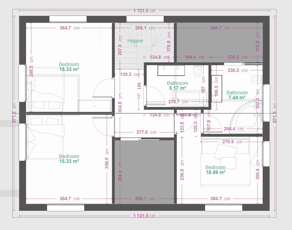 Grundriss einer Wohnung mit vier Schlafzimmern, zwei Bädern und Flur.