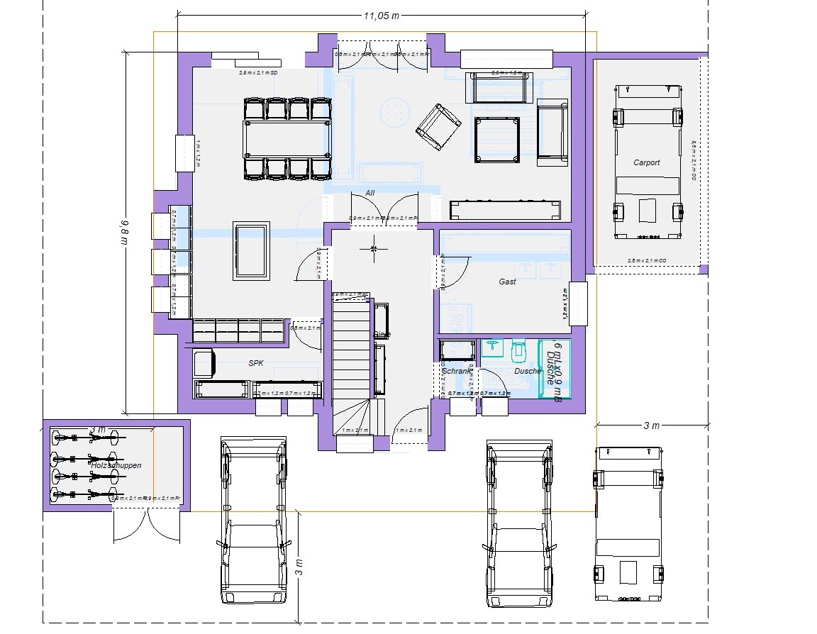 Grundriss eines Einfamilienhauses mit Carport, Wohnzimmer, Küche, Gästezimmer, Treppenhaus, Bad.