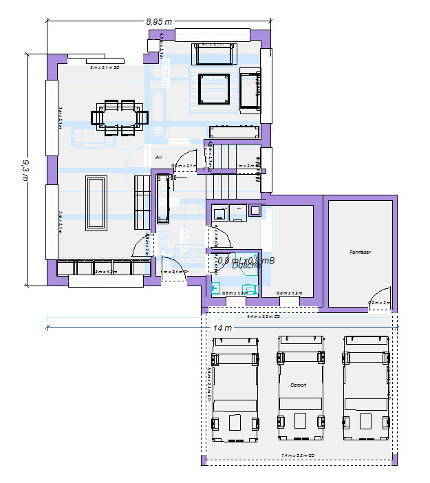 Grundriss eines Hauses: Wohnbereich, Küche, Bad, Schlafzimmer, Treppe, Carport mit 3 Stellplätzen.