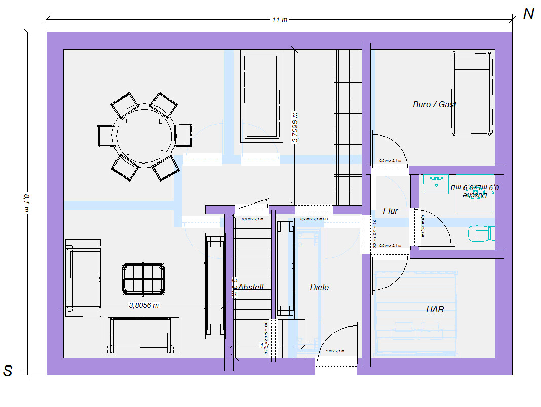 Grundriss eines Hauses: Wohnzimmer links mit Esstisch/Sofa, Diele in der Mitte, Büro/Gast rechts.