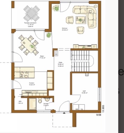 2D Grundriss eines Hauses mit Küche, Esszimmer, Wohnzimmer, Bad, Treppe und Terrasse.