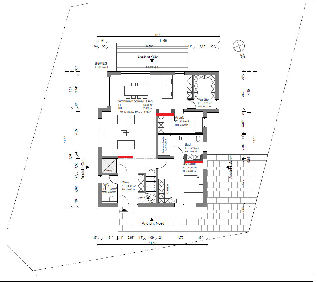 Grundriss eines Hauses mit Wohnbereich, Küche, Terrasse, Schlafzimmer, Bad, Diele, WC, Aufzug.