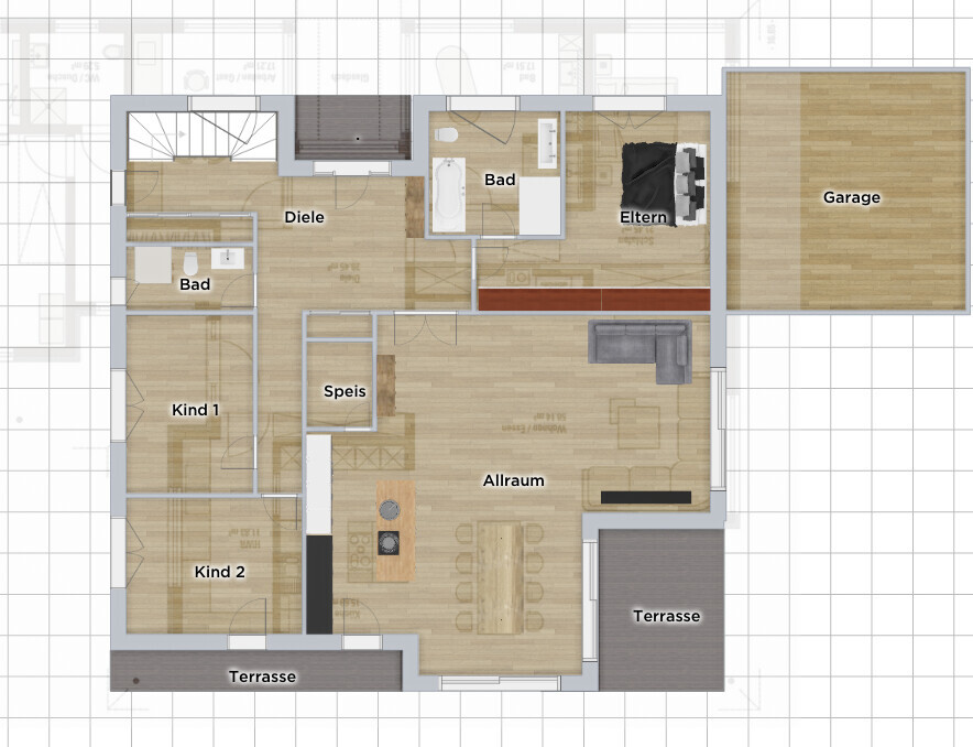 Grundriss eines Hauses: Diele, Bad, Eltern, Kind 1, Kind 2, Speis, Allraum, Terrasse, Garage.