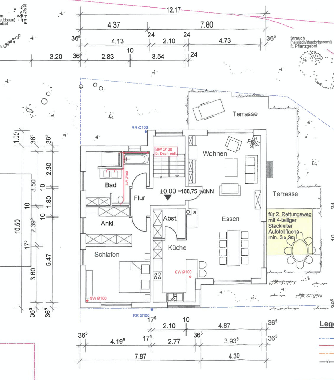 Grundriss eines Hauses mit Wohnen, Essen, Küche, Bad, Schlafen und Terrasse.