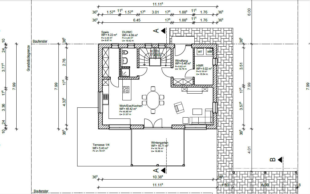 Grundrissplan eines Hauses mit Wohnzimmer, Küche, Essbereich und Terrasse