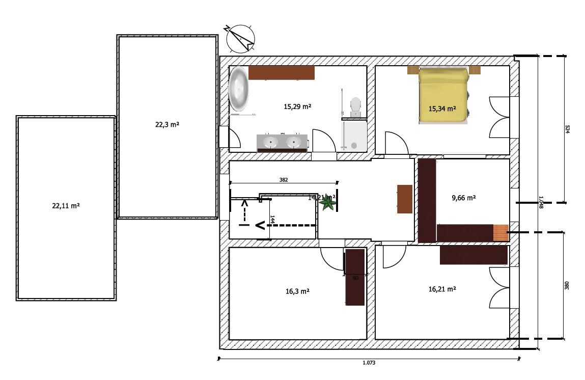 2D-Grundriss eines Hauses mit mehreren Zimmern, Fluren und Badezimmern