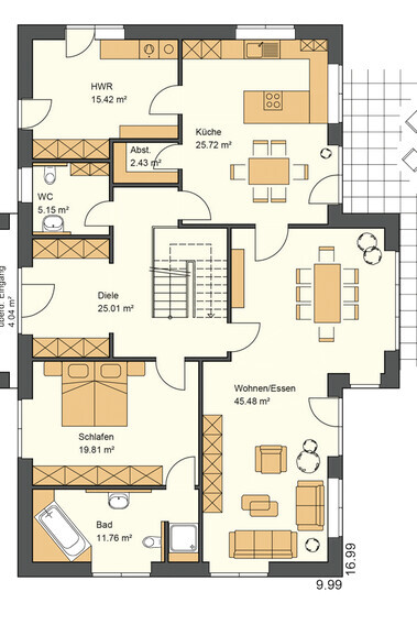 Grundriss eines Einfamilienhauses: Küche, Wohnen/Essen, Schlafen, Bad, WC, Diele, HWR, Abstellraum.