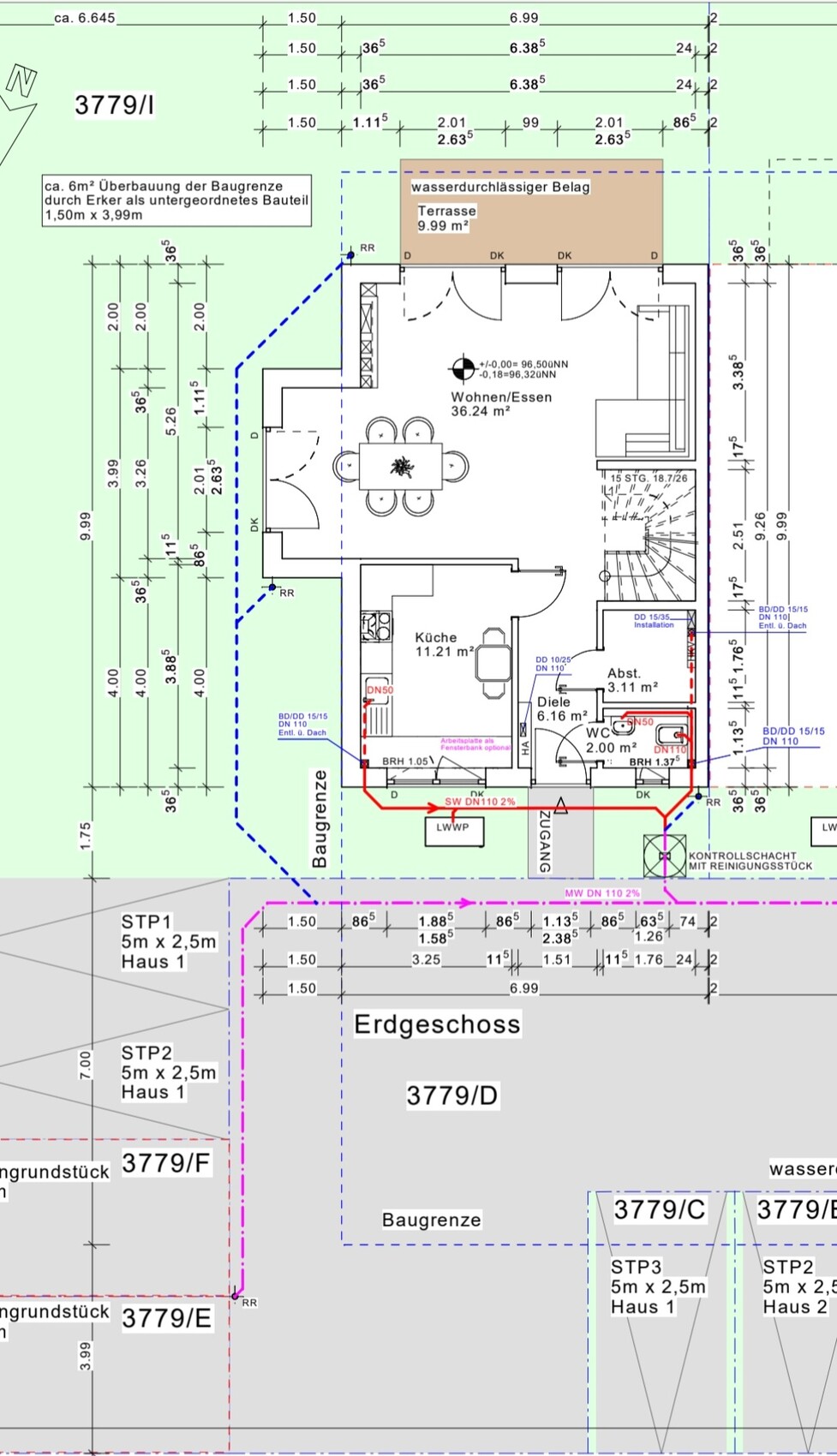 Grundriss eines Hauses: Erdgeschoss mit Wohnen/Essen, Küche, Diele, WC, Terrasse.