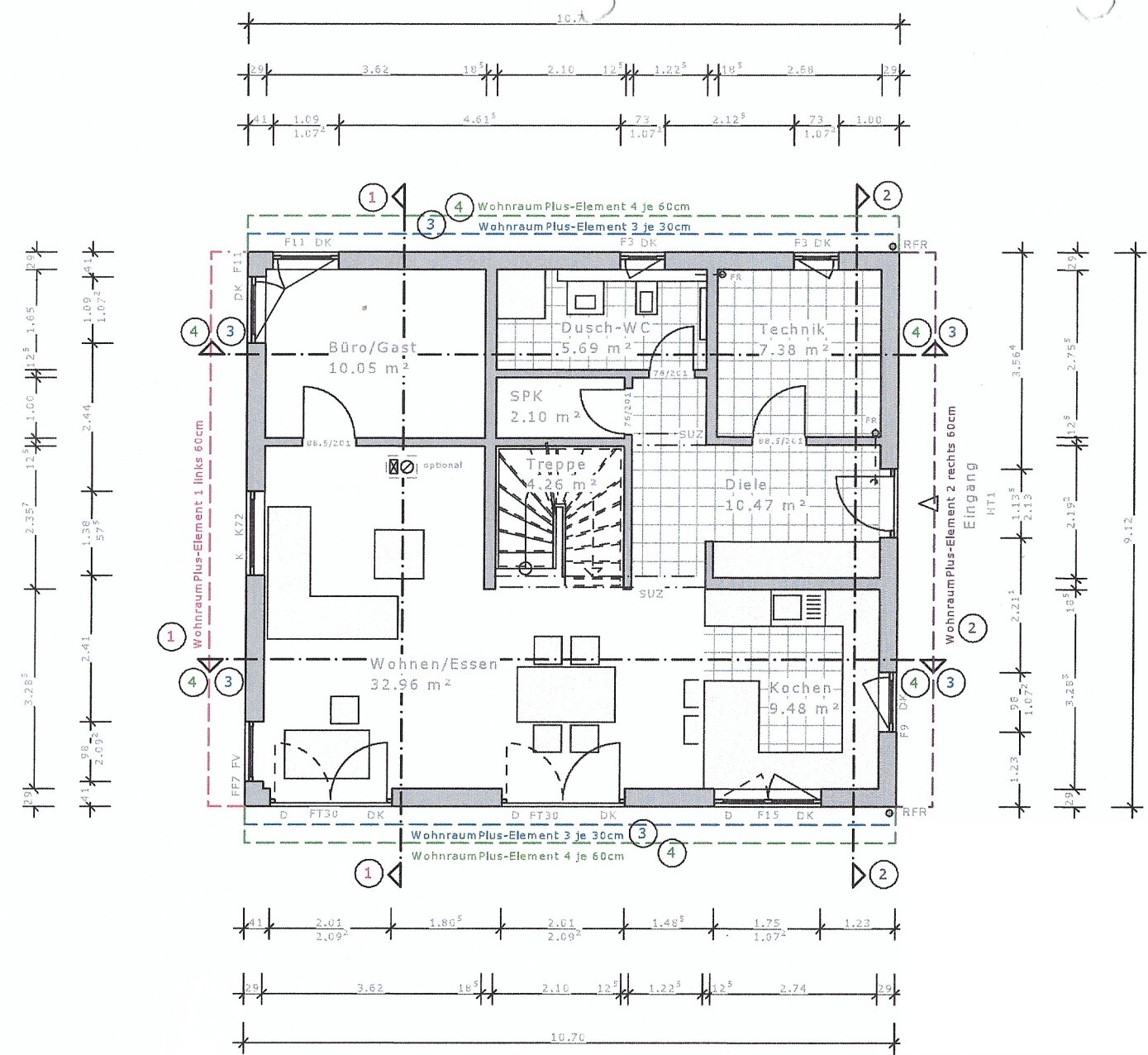 Grundriss eines Wohnungsplans mit Wohnzimmer, Küche, Diele, Bad, Treppe, Technik.