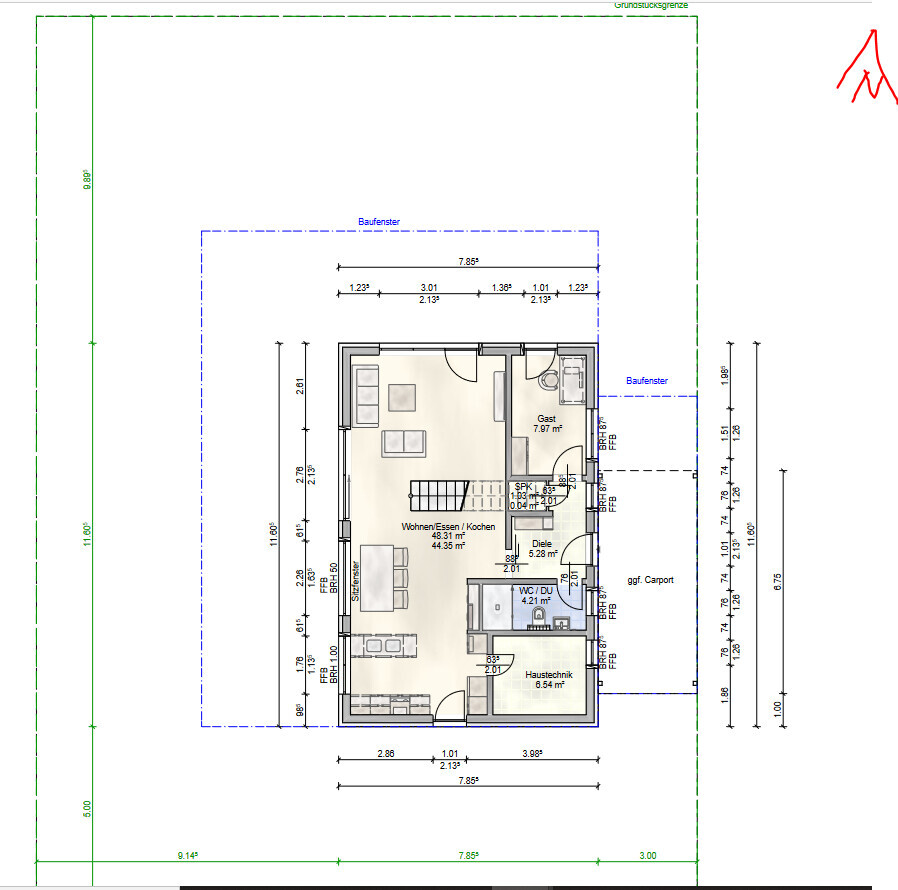 Grundriss eines Hauses: Wohn-/Ess-/Kochbereich, Gastzimmer, Diele, Bad.