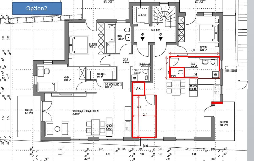 Grundriss einer Wohnung: Wohnen/Essen/Kochen, Kueche, AR (Abstellraum) markiert, Bad.