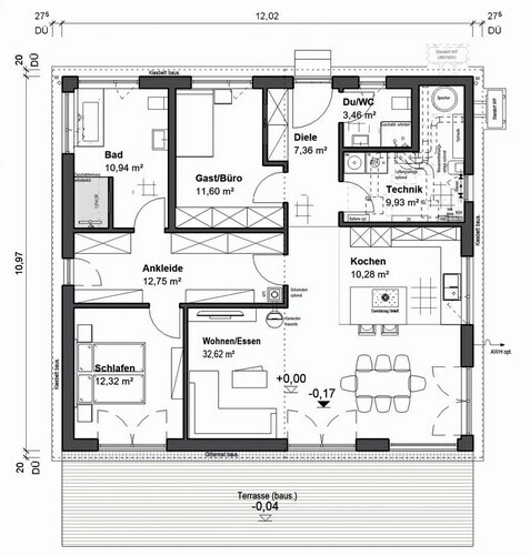 Grundriss eines Hauses: Wohnen/Essen, Kochen, Schlafen, Bad, Ankleide, Büro, Diele, Terrasse
