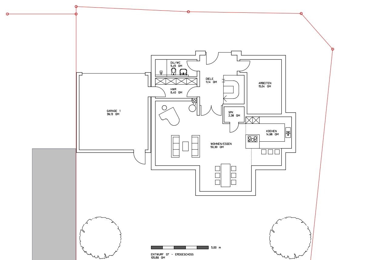 Grundriss eines Hauses mit Garage links, Diele, Wohn-/Essbereich, Küche, Bad, HWR und Arbeitszimmer, Garten.
