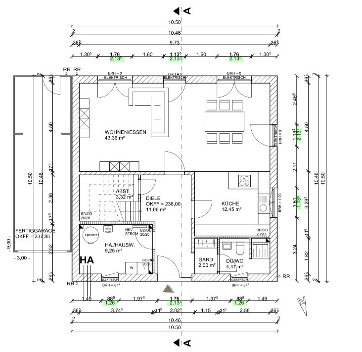 Grundriss eines Hauses: Wohn-/Essbereich, Küche, Diele, Abstellraum, Garderobe, Garage.