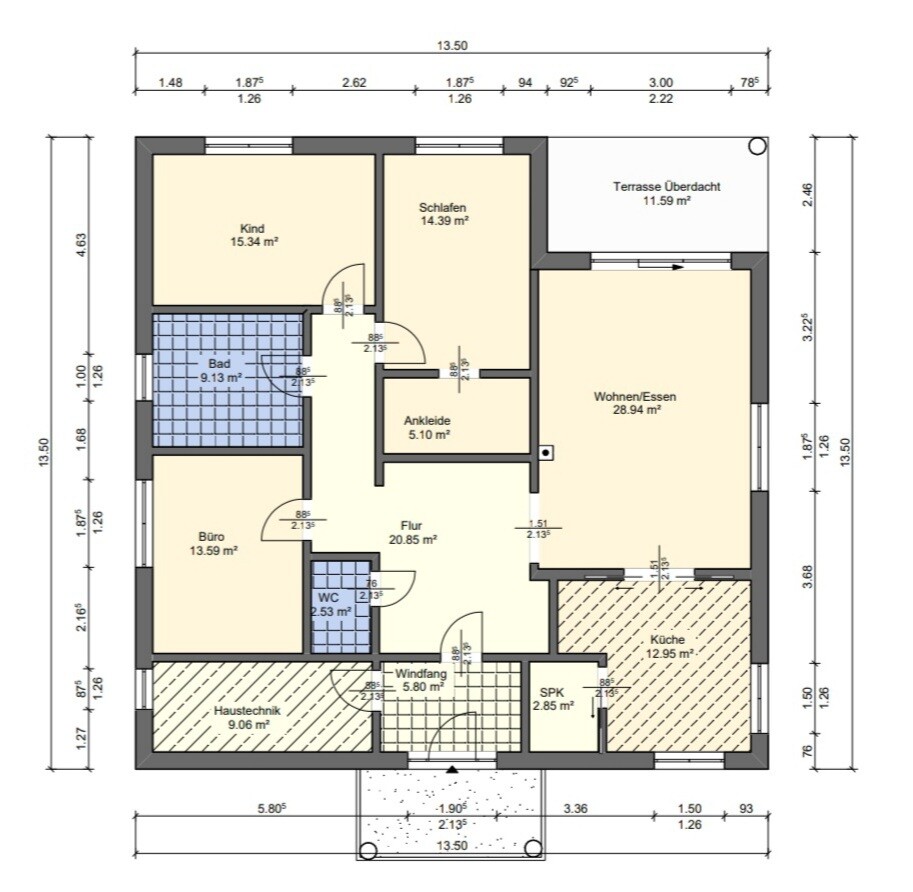 Grundriss eines Hauses mit Küche, Wohnen, Schlafen, Kind, Büro, Bad, Flur, Terrasse Überdacht