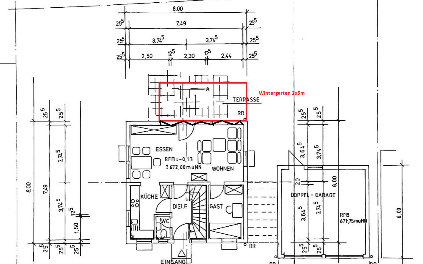 Grundriss eines Hauses mit Küche, Essen, Wohnen, Diele, Terrasse und Wintergarten 2x5m