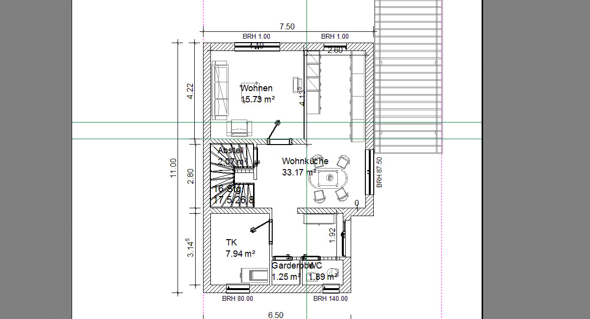 Grundriss eines Hauses mit Wohnzimmer, Wohnküche, Abstellraum, Garderobe, Technikraum