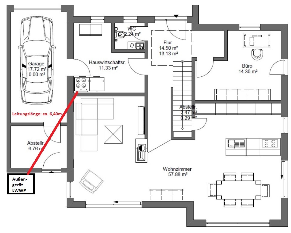 Grundriss eines Hauses: Garage mit Auto, Wohnen, Küche, Büro, WC, Flur; Leitung zum Außen-LWWP.