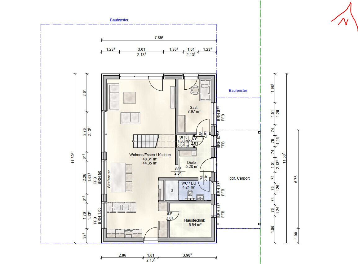 Grundriss eines Hauses: offener Wohn-/Ess-/Kochenbereich, Gastzimmer, Diele, WC, Haustechnik