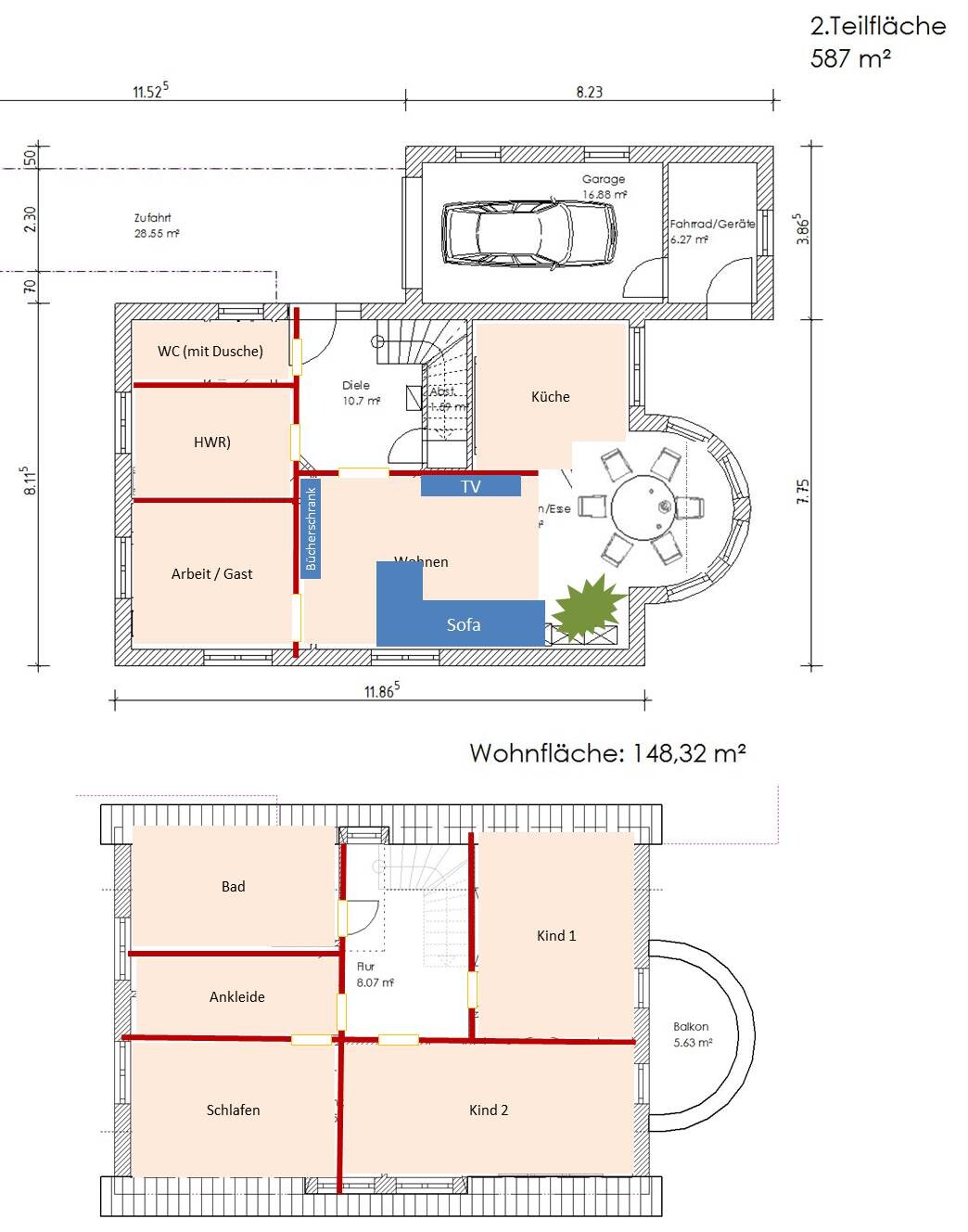 Grundriss: Erdgeschoss mit Garage, Küche, Wohnen, Arbeitszimmer, WC; Obergeschoss mit Bad, Kind1/2.