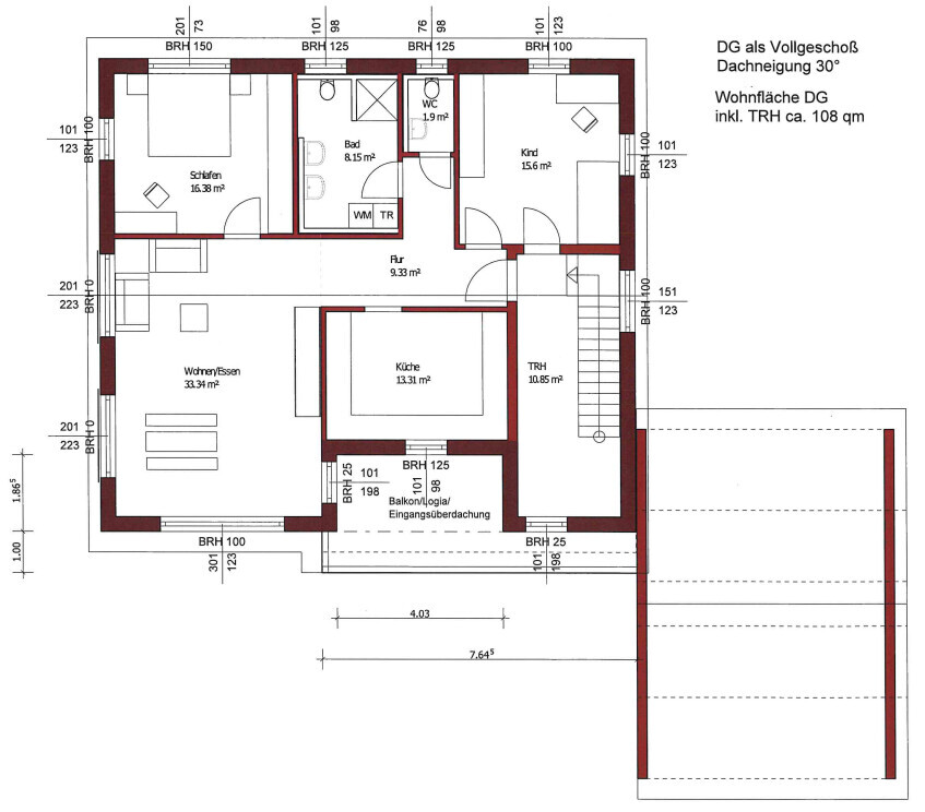 Grundriss DG: Wohnzimmer, Küche, Schlafzimmer, Kind, Bad, WC, Flur, Balkon
