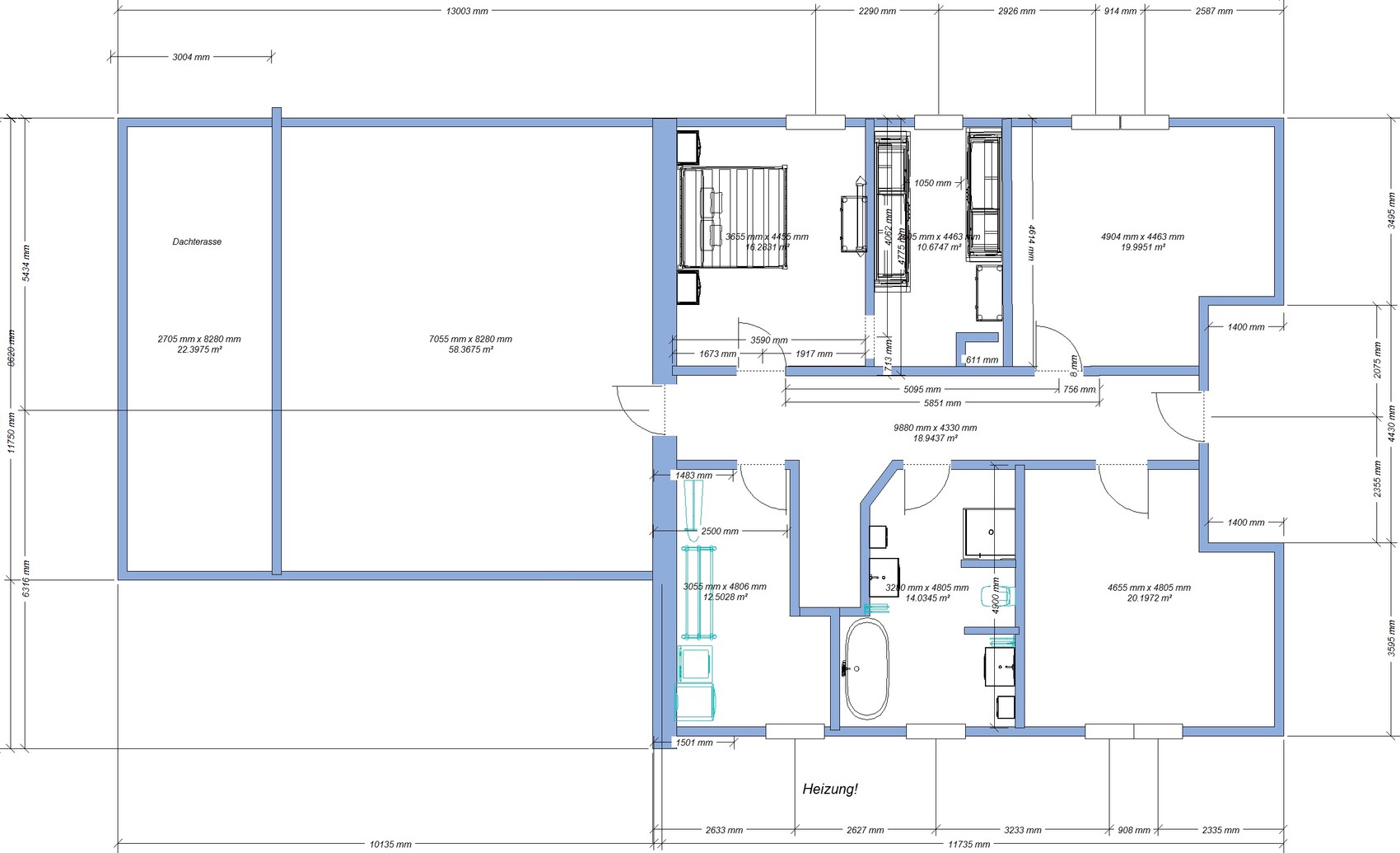 Grundriss eines Hauses mit Dachterrasse, Zimmern, Türen und Maßangaben (mm).
