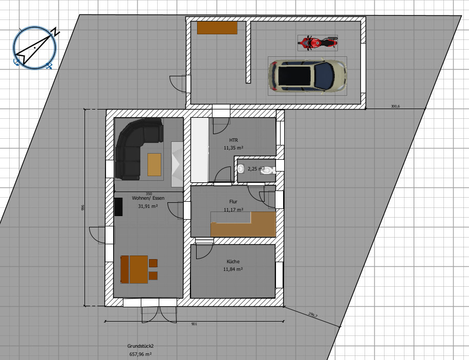 Beschreibung des Grundrisses: Wohnzimmer, Küche, Flur, HTR, Garage mit Auto und Motorrad.