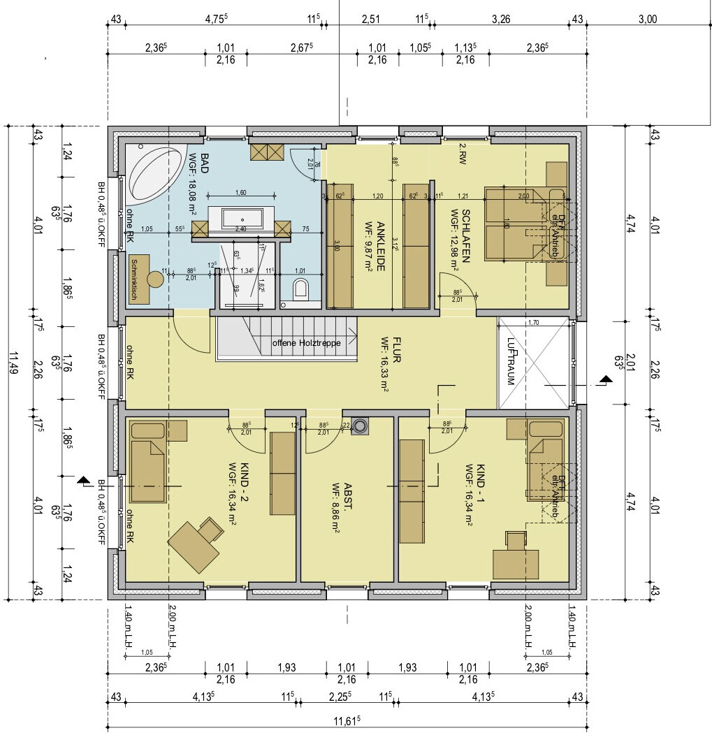 Grundriss eines Hauses: Bad, Ankleide, Schlafzimmer, zwei Kinderzimmer, Küche, Flur, Treppe, Loft.