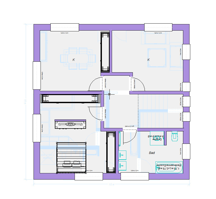Grundriss eines Wohnhauses: mehrere Räume, Türen, Treppen, Bad und Küche.