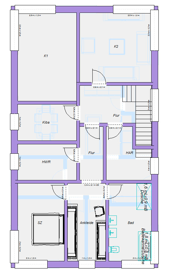 Grundriss eines Wohnhaus-Etagenplans mit K1, K2, Kiba, SZ, Bad, Flur und HAR