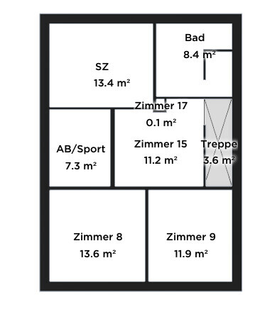 Grundriss eines Hauses mit Bad, Treppe und mehreren Zimmern