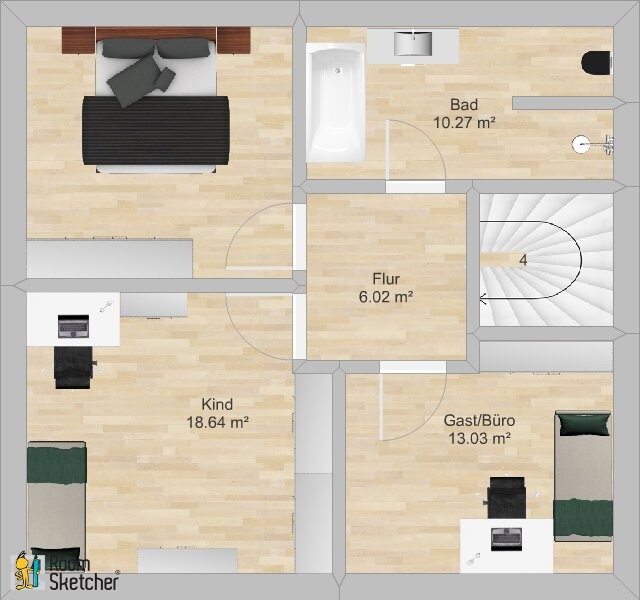 Grundriss einer Wohnung: Flur, Bad, Kinderzimmer, Gäste/Büro, Spiraltreppe.