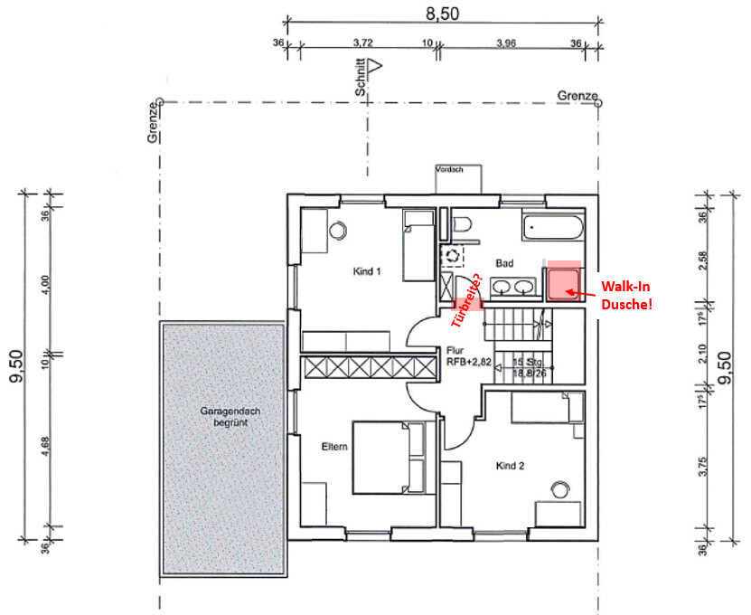 Grundriss eines Hauses: Eltern-, Kind1-, Kind2-Zimmer, Bad, Flur; Walk-In Dusche.