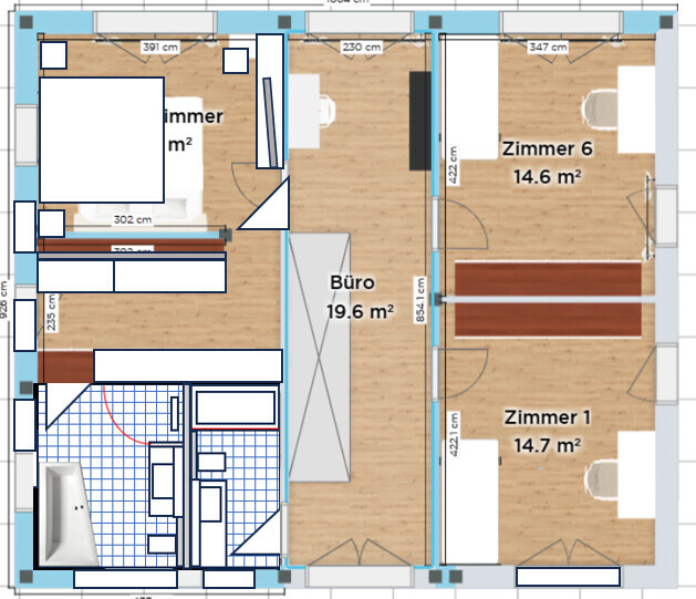 Grundriss einer Wohnung: Büro in der Mitte, rechts Zimmer 6 und Zimmer 1, links Bad/Küche.