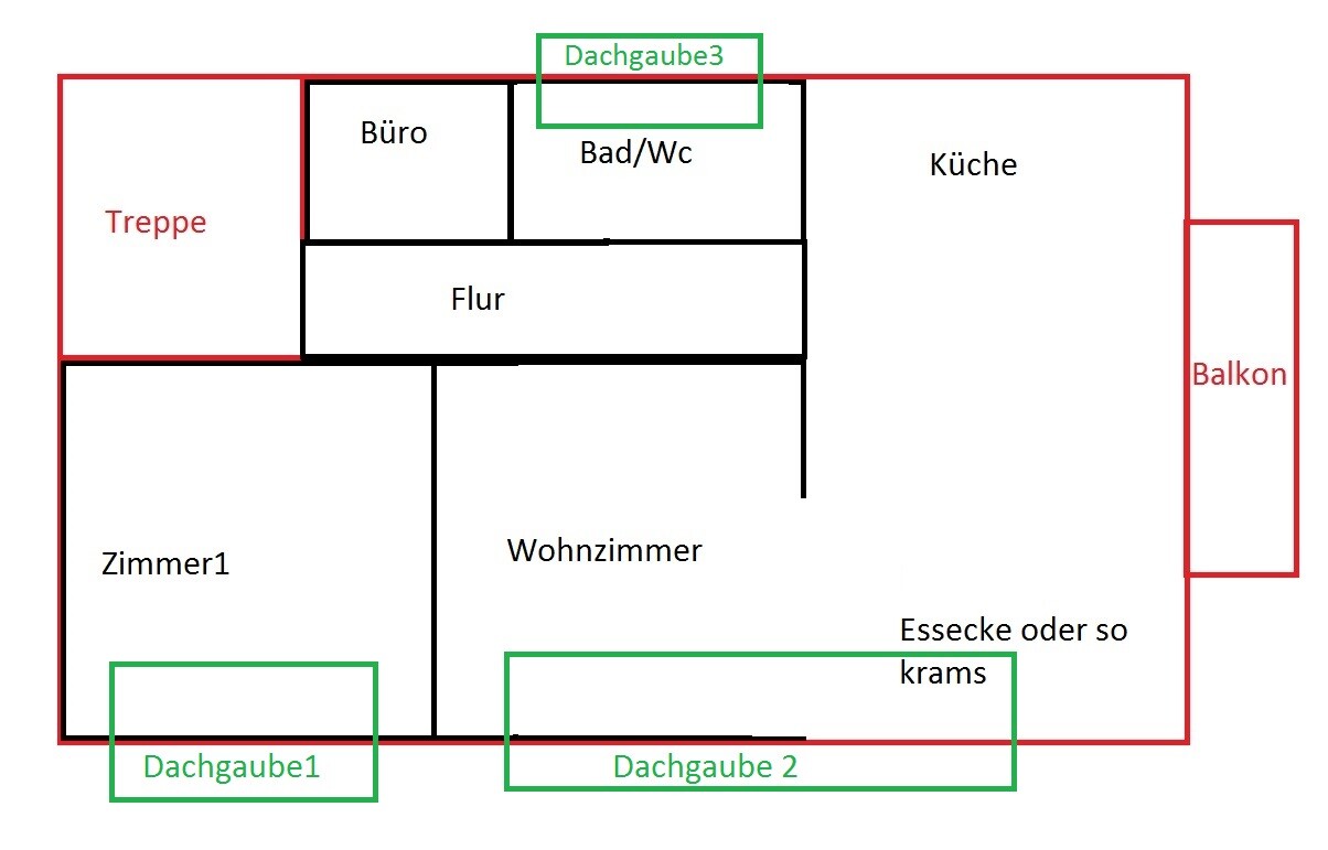 Zweidimensionaler Grundriss eines Wohnhauses mit Zimmern, Kueche, Bad, Flur und Balkon.