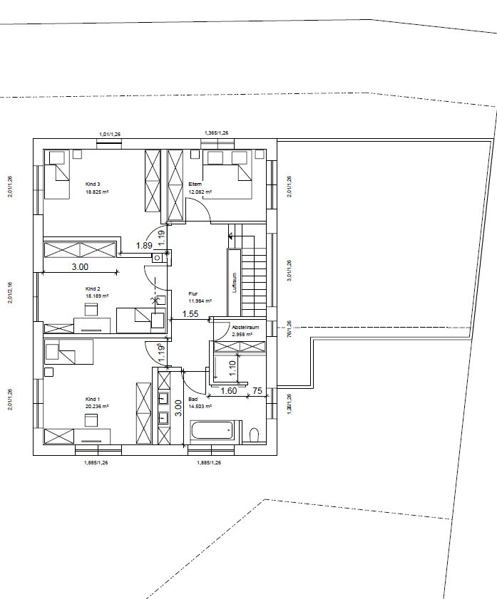 2D-Grundriss eines Hauses mit mehreren Zimmern, Flur und Treppe
