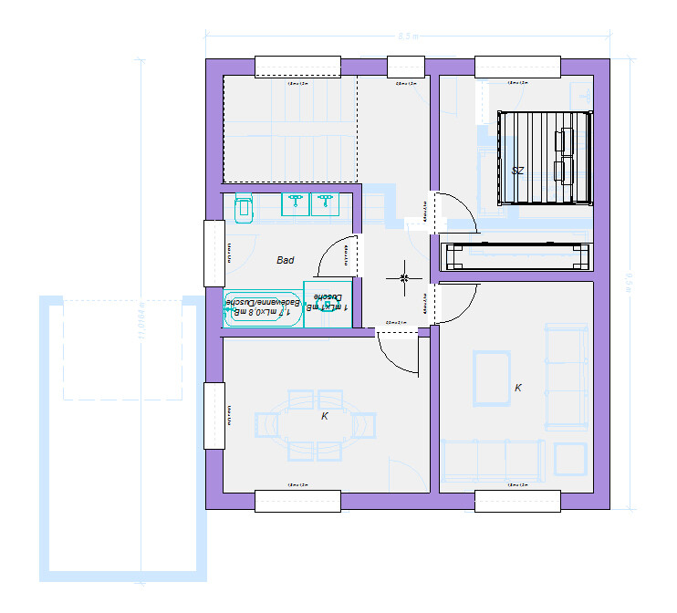 Grundriss einer Wohnung mit Bad, Küche, Essbereich, Wohnzimmer und Schlafzimmer.
