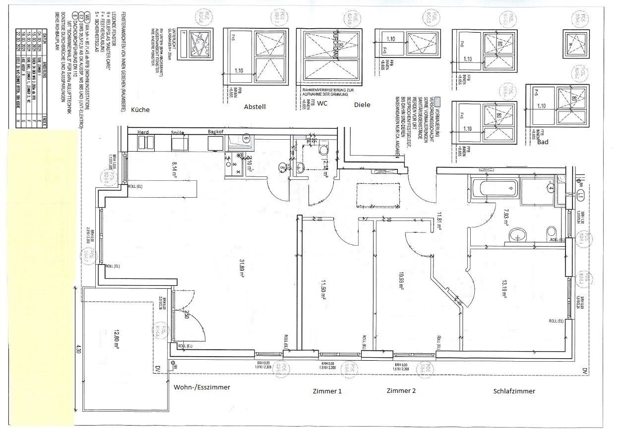 Grundriss einer Wohnung mit Wohn-/Esszimmer, Zimmer 1, Zimmer 2, Schlafzimmer, Küche, Bad.