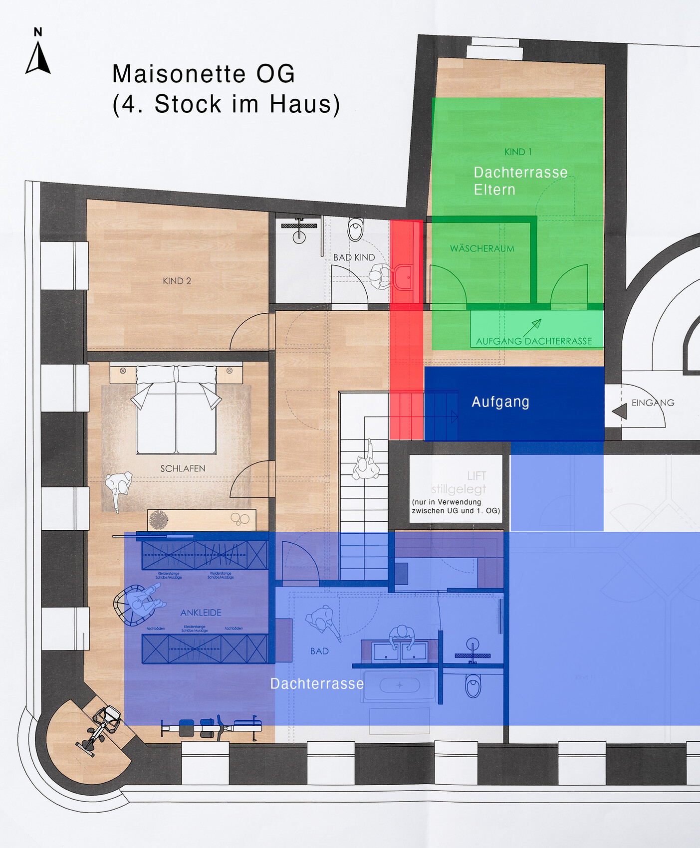 Grundriss des Maisonette-Obergeschosses mit Schlafzimmer, Kinder, Bad, Ankleide, Dachterrasse.