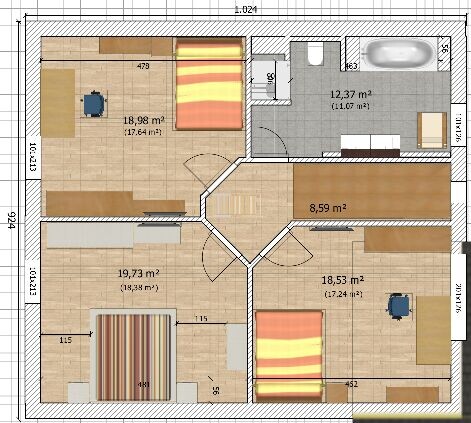 2D-Grundriss eines Hauses mit mehreren Zimmern, Bad, Küche und Flur
