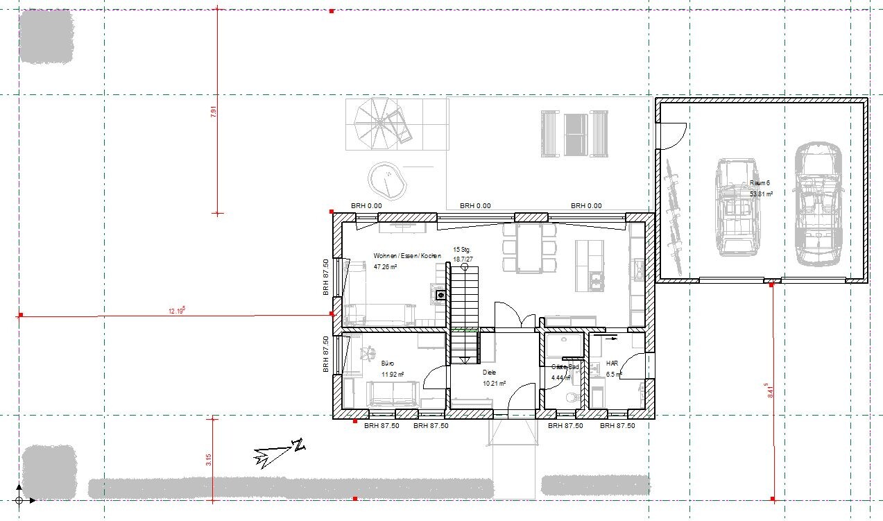 Grundriss eines Hauses: offener Wohn-Ess-Kochbereich, Büro, Diele, Bad, HAR, Doppelgarage.