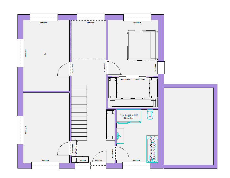 Grundriss eines Hauses: Treppenhaus, Flur, Schlafzimmer, Küche, Bad mit Dusche.