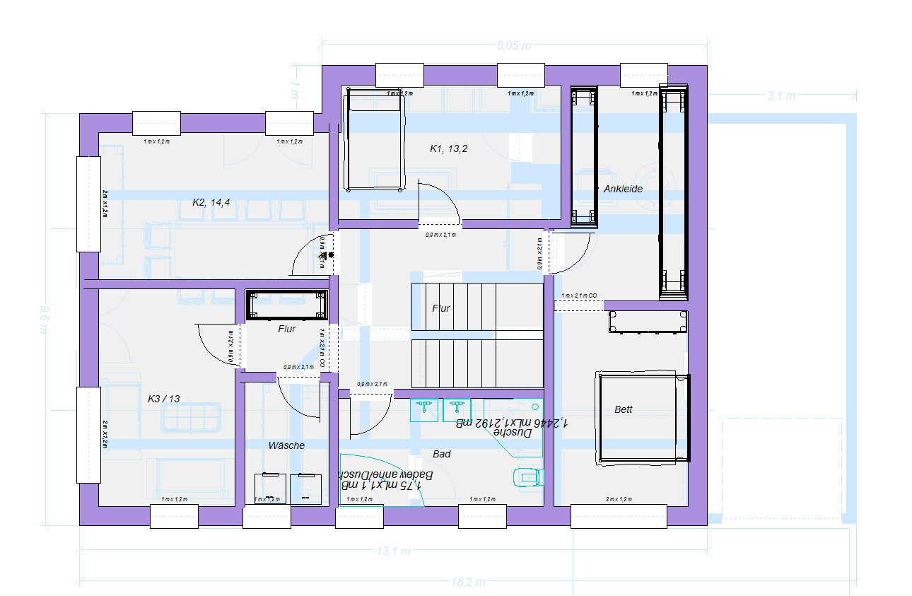 Grundriss eines Wohnhauses mit Schlafzimmer, Bad, Flur, Ankleide und Wäsche.