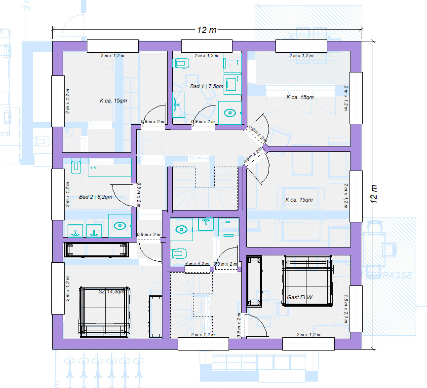 Grundrissplan eines Hauses mit mehreren Zimmern, Küche, Bädern und Treppenhaus