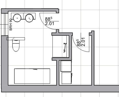 2D-Grundriss eines Wohn- und Badbereichs mit Türen, Wänden und Möbeln