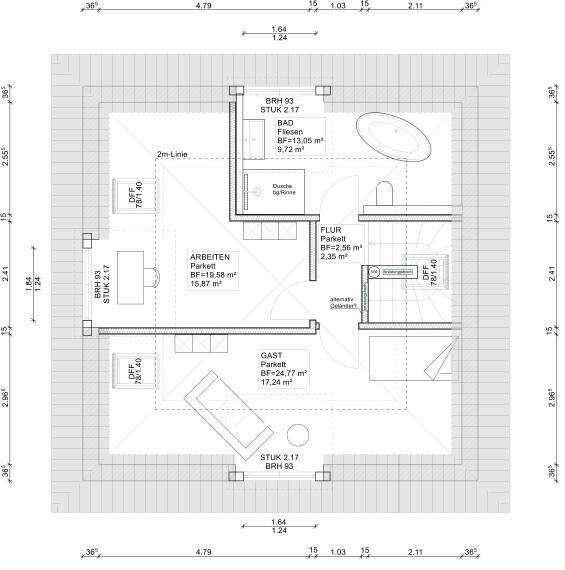 2D-grundriss-eines-hauses-mit-zimmern-fluren-bad-treppen-und-moebeln