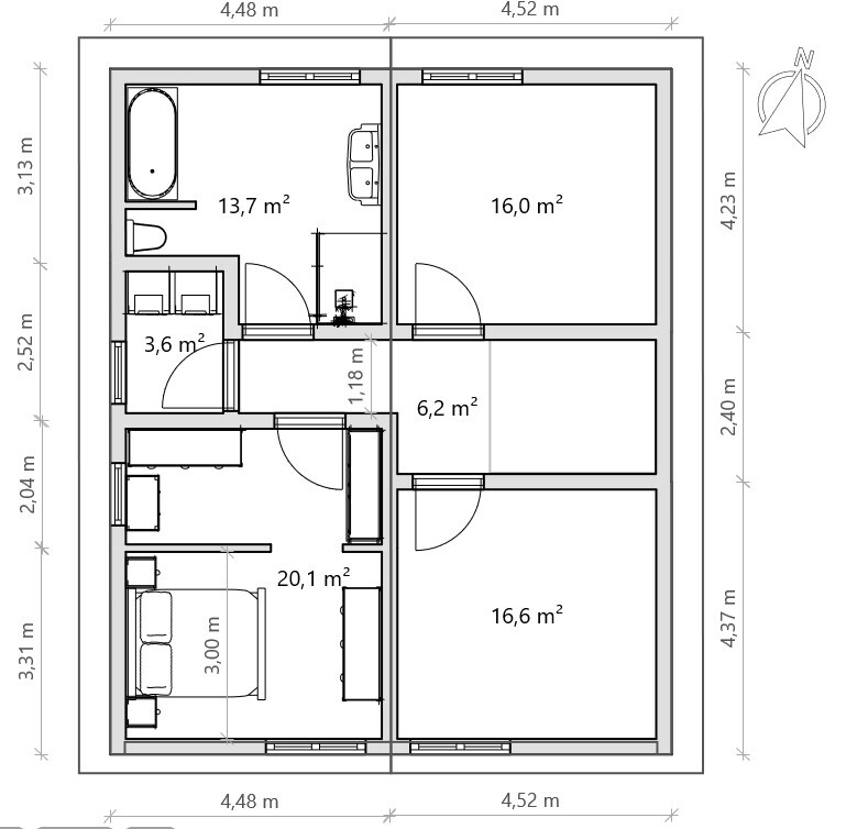 Grundriss einer Wohnung mit Bad, Küche, Flur und drei Zimmern (20,1; 16,0; 16,6 m²).